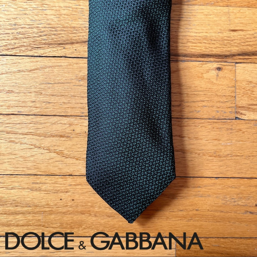 Dolce & Gabbana Mens Emerald dark green & black tie textured print made in Italy